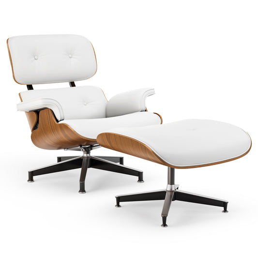 Top PU Leather, Mid Century Chaise Lounge Chair and Ottoman, Modern Chair Classic Design, Walnut Wood, Heavy Duty Base Support for Living Room Office