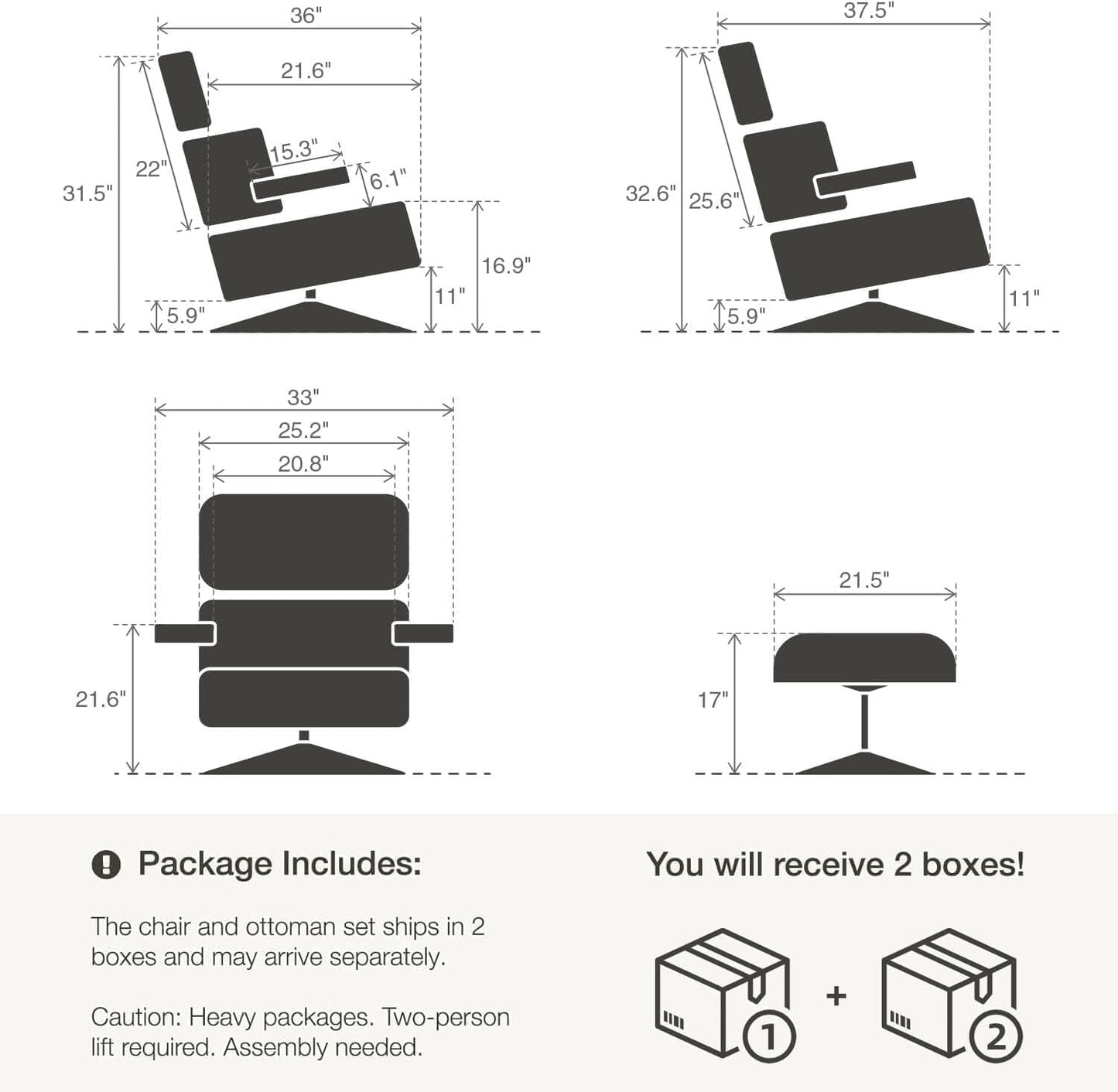 Top Black Grain Leather, Mid Century Chaise Lounge Chair and Ottoman, Modern Chair Classic Design, Heavy Duty Base Support for Living Room Study Lounge Office, Walnut, Heightening