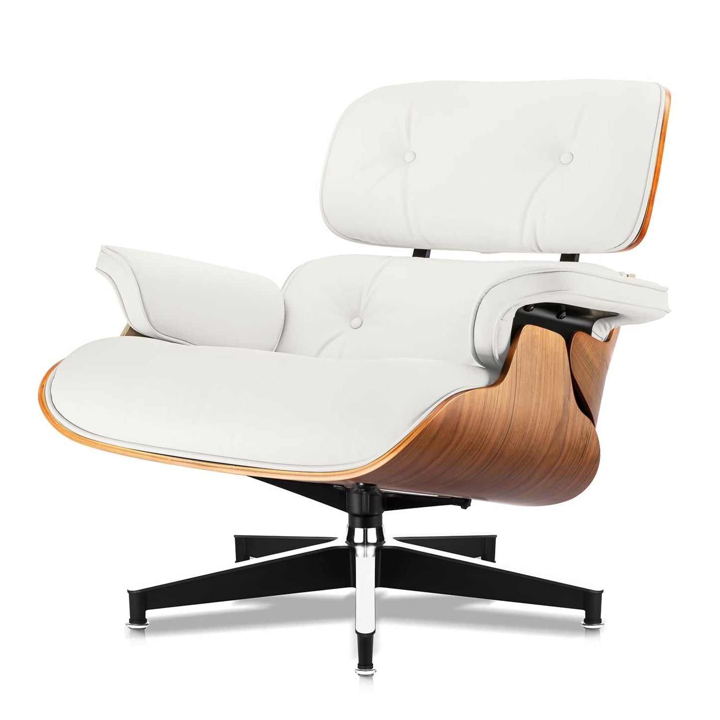 Chaise Lounge Chair with Ottoman Premium Aniline Leather Top Grain Leather High-Resilience Foam Cushions Mid Century Modern Ergonomic Design for Living Room Study Lounge Office Walnut White