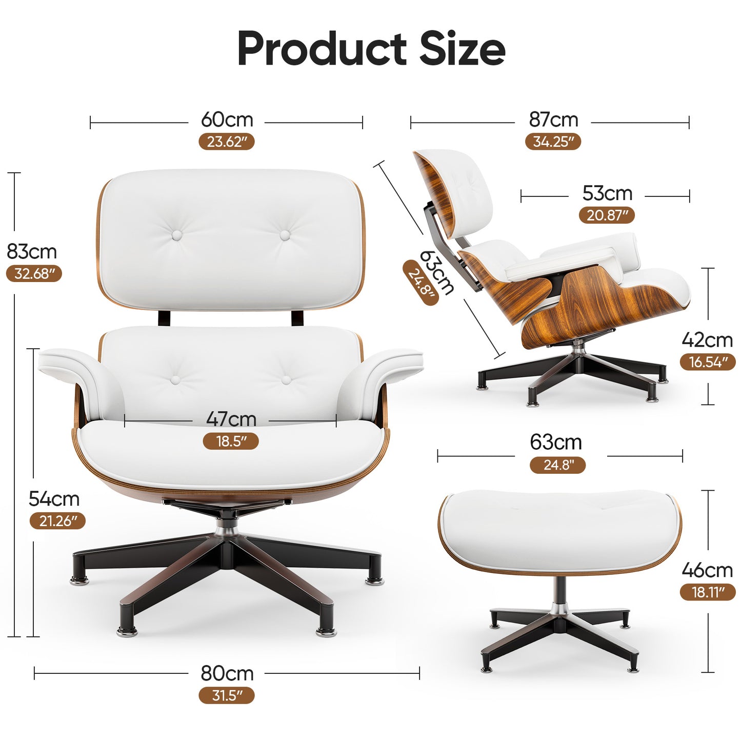 Top White PU Leather, Mid Century Chaise Lounge Chair and Ottoman, Modern Chair Classic Design, Palisander Wood, Heavy Duty Base Support for Living Room Office