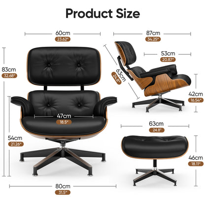 Top Black PU Leather, Mid Century Chaise Lounge Chair and Ottoman, Modern Chair Classic Design, Palisander Wood, Heavy Duty Base Support for Living Room Office