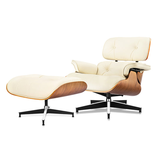 Chaise Lounge Chair with Ottoman Genuine Leather High-Resilience Foam Cushions Mid Century Modern Ergonomic Design for Living Room Study Lounge Office Walnut Ivory White