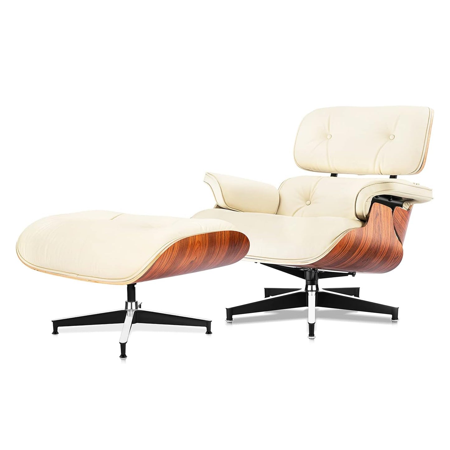 Chaise Lounge Chair with Ottoman Genuine Leather High-Resilience Foam Cushions Mid Century Modern Ergonomic Design for Living Room Study Lounge Office Palisander Ivory
