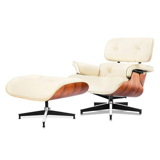 Chaise Lounge Chair with Ottoman Genuine Leather High-Resilience Foam Cushions Mid Century Modern Ergonomic Design for Living Room Study Lounge Office Palisander Ivory
