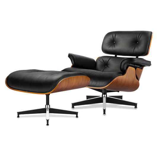 Chaise Lounge Chair with Ottoman Premium Aniline Leather Top Grain Leather High-Resilience Foam Cushions Mid Century Modern Ergonomic Design for Living Room Study Lounge Office Walnut Black