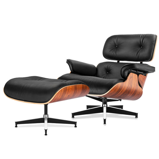 Chaise Lounge Chair with Ottoman Genuine Leather High-Resilience Foam Cushions Mid Century Modern Ergonomic Design for Living Room Study Lounge Office Palisander Black
