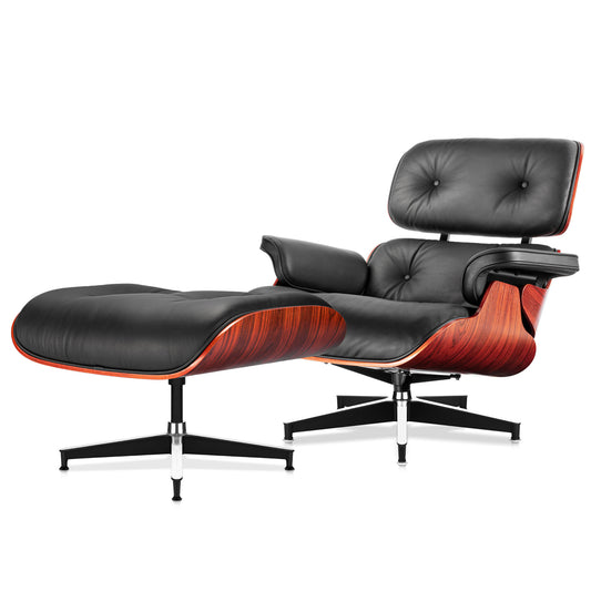 Top Black Grain Leather, Mid Century Chaise Lounge Chair and Ottoman, Modern Chair Classic Design, Heavy Duty Base Support for Living Room Study Lounge Office, Darkrosewood, Heightening
