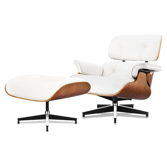 Chaise Lounge Chair with Ottoman Premium Aniline Leather Top Grain Leather High-Resilience Foam Cushions Mid Century Modern Ergonomic Design for Living Room Study Lounge Office Walnut White