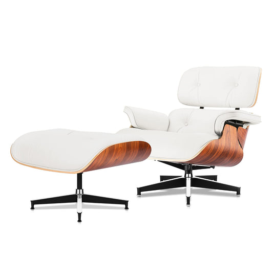 Chaise Lounge Chair with Ottoman Premium Aniline Leather Top Grain Leather High-Resilience Foam Cushions Mid Century Modern Ergonomic Design for Living Room Study Lounge Office Palisander White