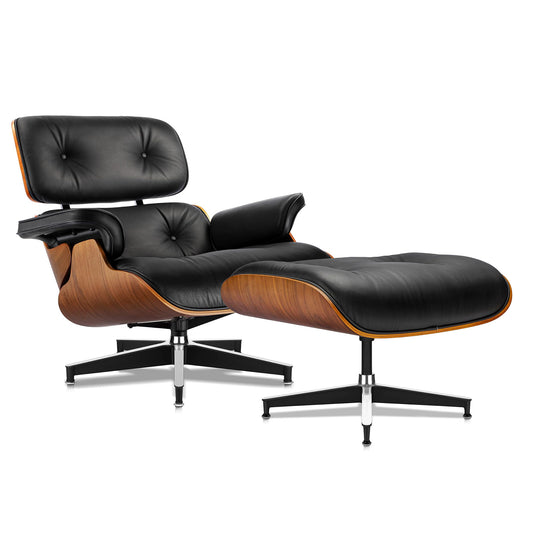 Top Grain Leather, Mid Century Chaise Lounge Chair and Ottoman, Modern Chair Classic Design, Walnut Wood, Heavy Duty Base Support for Living Room Office