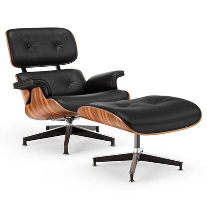 Top Black PU Leather, Mid Century Chaise Lounge Chair and Ottoman, Modern Chair Classic Design, Palisander Wood, Heavy Duty Base Support for Living Room Office