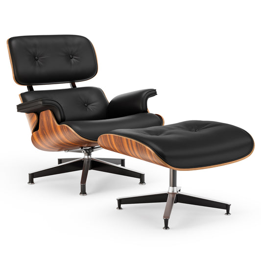 Top Black PU Leather, Mid Century Chaise Lounge Chair and Ottoman, Modern Chair Classic Design, Palisander Wood, Heavy Duty Base Support for Living Room Office