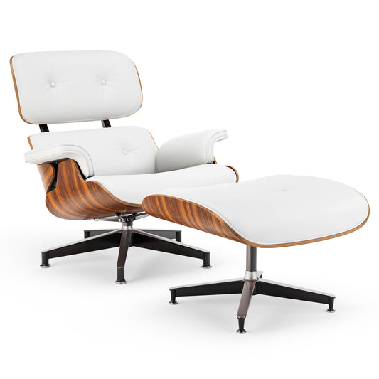 Top White PU Leather, Mid Century Chaise Lounge Chair and Ottoman, Modern Chair Classic Design, Palisander Wood, Heavy Duty Base Support for Living Room Office