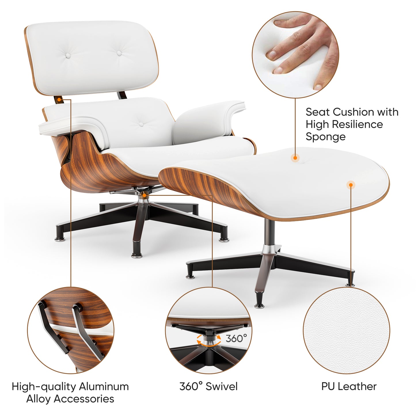 Top White PU Leather, Mid Century Chaise Lounge Chair and Ottoman, Modern Chair Classic Design, Palisander Wood, Heavy Duty Base Support for Living Room Office