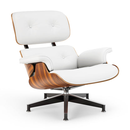 Top White PU Leather, Mid Century Chaise Lounge Chair and Ottoman, Modern Chair Classic Design, Palisander Wood, Heavy Duty Base Support for Living Room Office
