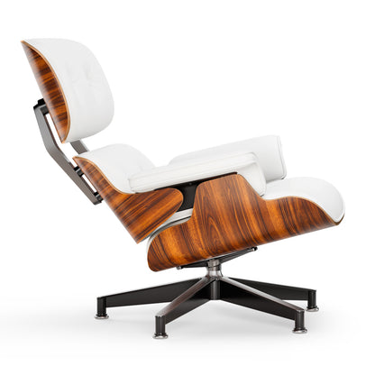 Top White PU Leather, Mid Century Chaise Lounge Chair and Ottoman, Modern Chair Classic Design, Palisander Wood, Heavy Duty Base Support for Living Room Office