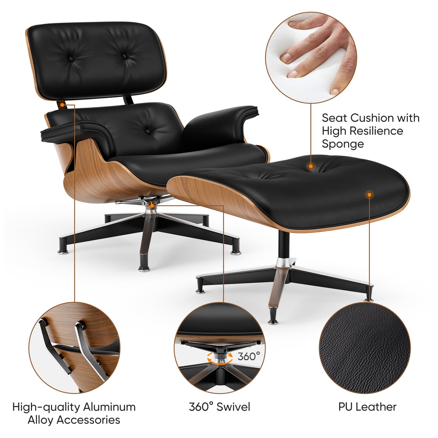 Top Black PU Leather, Mid Century Chaise Lounge Chair and Ottoman, Modern Chair Classic Design, Palisander Wood, Heavy Duty Base Support for Living Room Office
