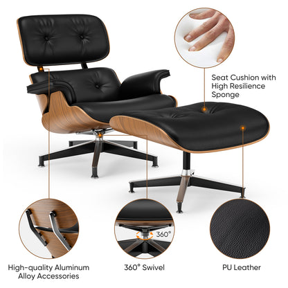 Top Black PU Leather, Mid Century Chaise Lounge Chair and Ottoman, Modern Chair Classic Design, Palisander Wood, Heavy Duty Base Support for Living Room Office