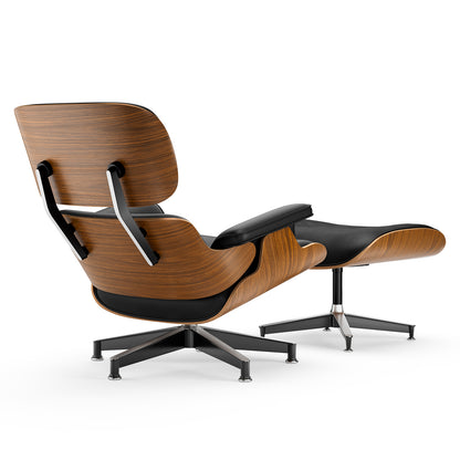 Top Black PU Leather, Mid Century Chaise Lounge Chair and Ottoman, Modern Chair Classic Design, Palisander Wood, Heavy Duty Base Support for Living Room Office