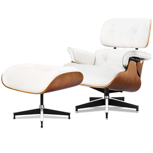 Top Grain Leather, Mid Century Chaise Lounge Chair and Ottoman, Modern Chair Classic Design, Heavy Duty Base Support for Living Room Study Lounge Office, Walnut-White