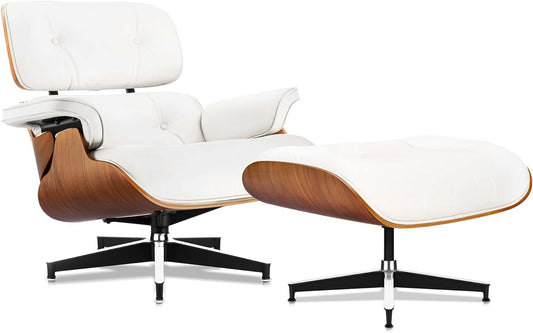 Top Grain Leather, Mid Century Chaise Lounge Chair and Ottoman, Modern Chair Classic Design, Heavy Duty Base Support for Living Room Study Lounge Office, Walnut-White, Heightening