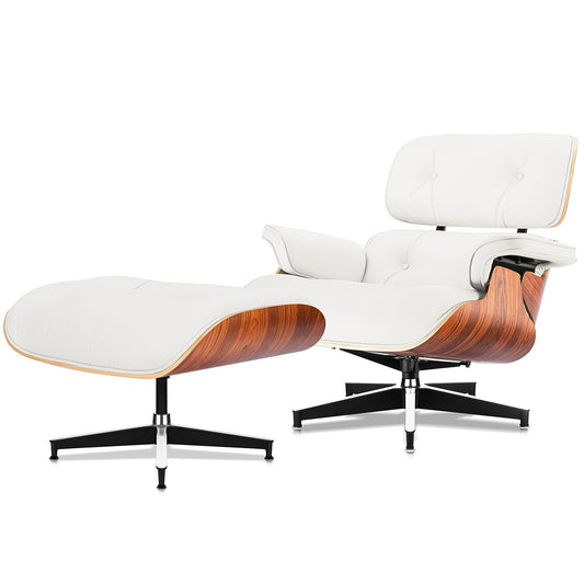 Top Grain Leather, Mid Century Chaise Lounge Chair and Ottoman, Modern Chair Classic Design, Heavy Duty Base Support for Living Room Study Lounge Office, Palisander-White, Heightening