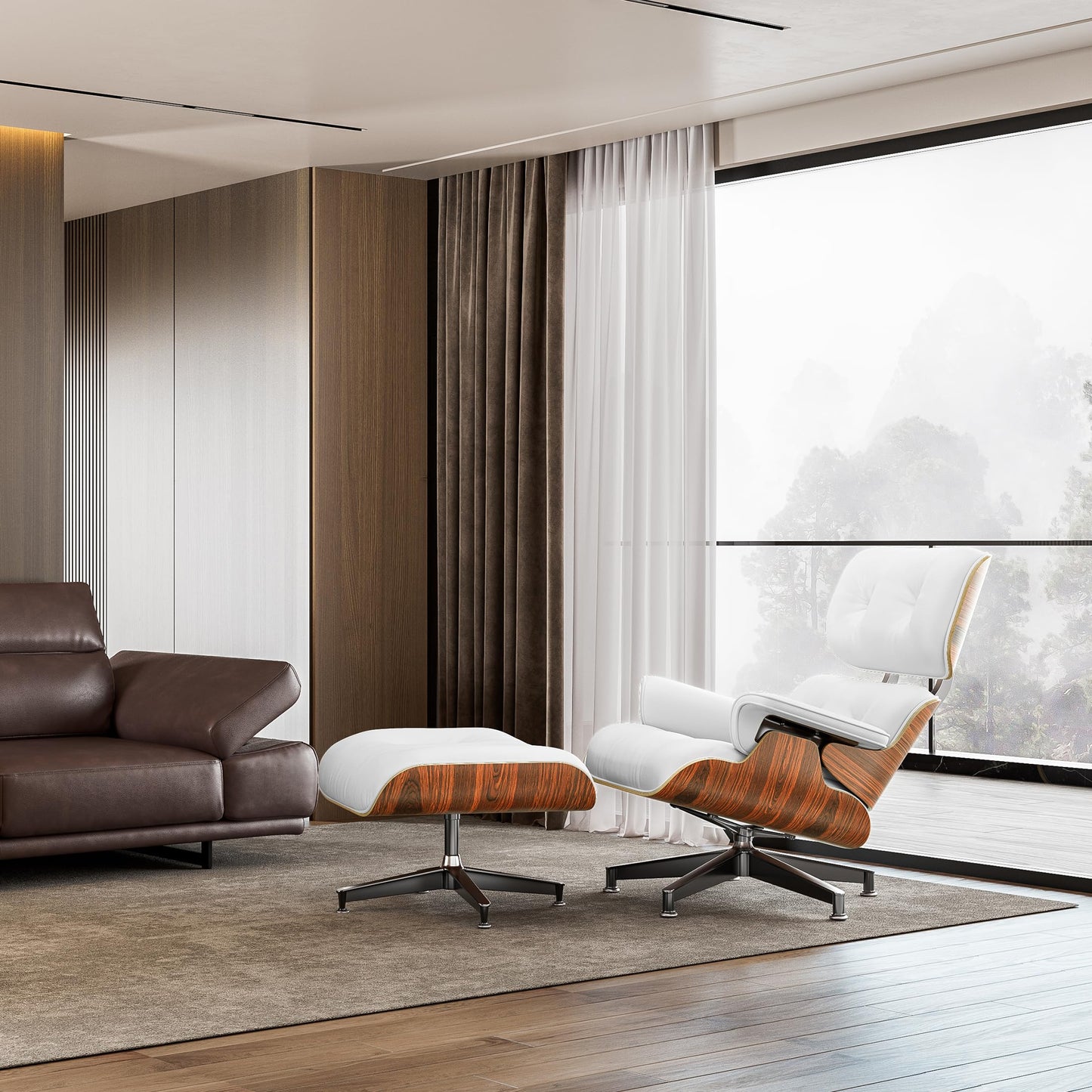 Chaise Lounge Chair with Ottoman Premium Aniline Leather Top Grain Leather High-Resilience Foam Cushions Mid Century Modern Ergonomic Design for Living Room Study Lounge Office Palisander White