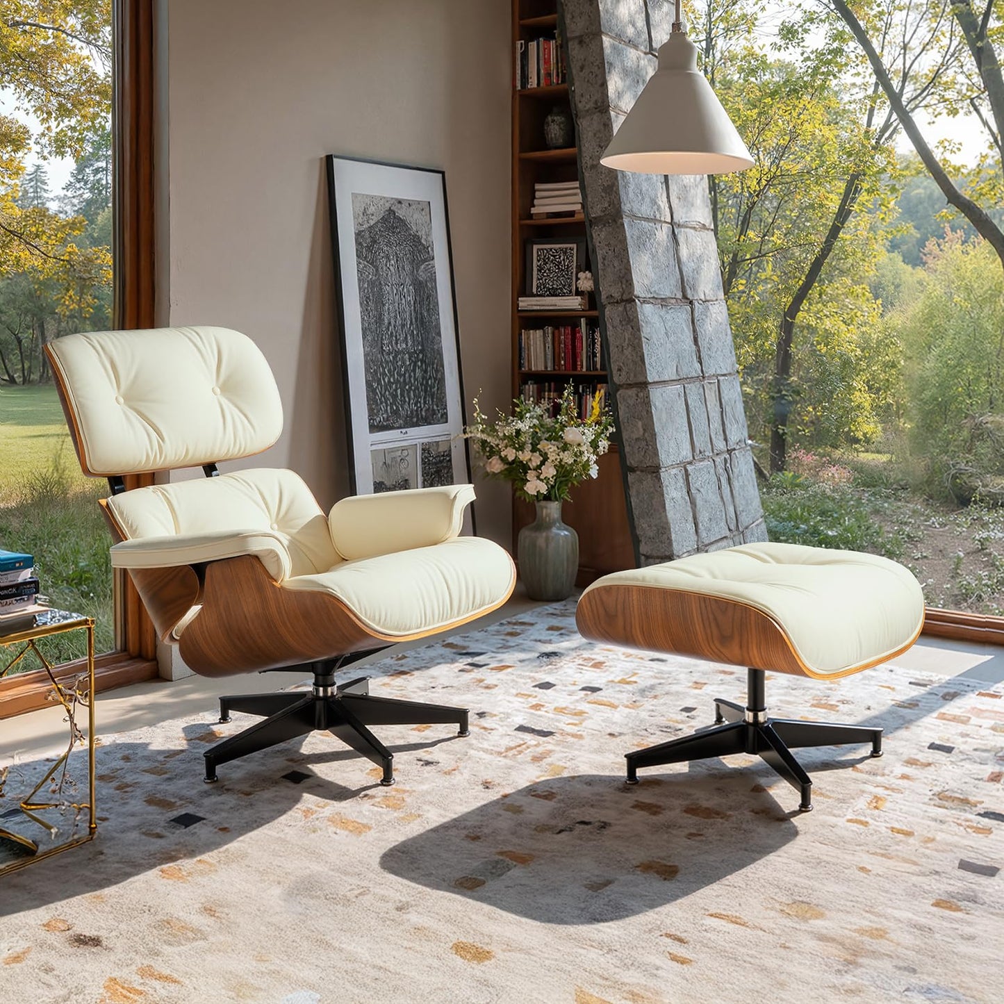 Chaise Lounge Chair with Ottoman Genuine Leather High-Resilience Foam Cushions Mid Century Modern Ergonomic Design for Living Room Study Lounge Office Walnut Ivory White