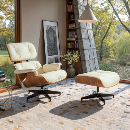 Chaise Lounge Chair with Ottoman Genuine Leather High-Resilience Foam Cushions Mid Century Modern Ergonomic Design for Living Room Study Lounge Office Walnut Ivory White