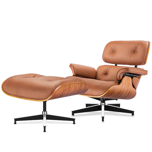 Top Grain Leather, Mid Century Chaise Lounge Chair and Ottoman, Modern Chair Classic Design, Heavy Duty Base Support for Living Room Study Lounge Office, Walnut-Brown