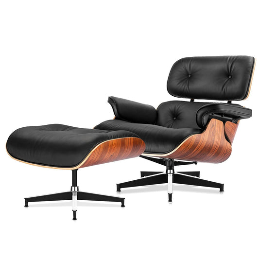 Top Black Grain Leather, Mid Century Chaise Lounge Chair and Ottoman, Modern Chair Classic Design, Heavy Duty Base Support for Living Room Study Lounge Office, Palisander Heightening