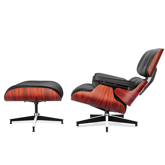 Top Black Grain Leather, Mid Century Chaise Lounge Chair and Ottoman, Modern Chair Classic Design, Heavy Duty Base Support for Living Room Study Lounge Office, Darkrosewood
