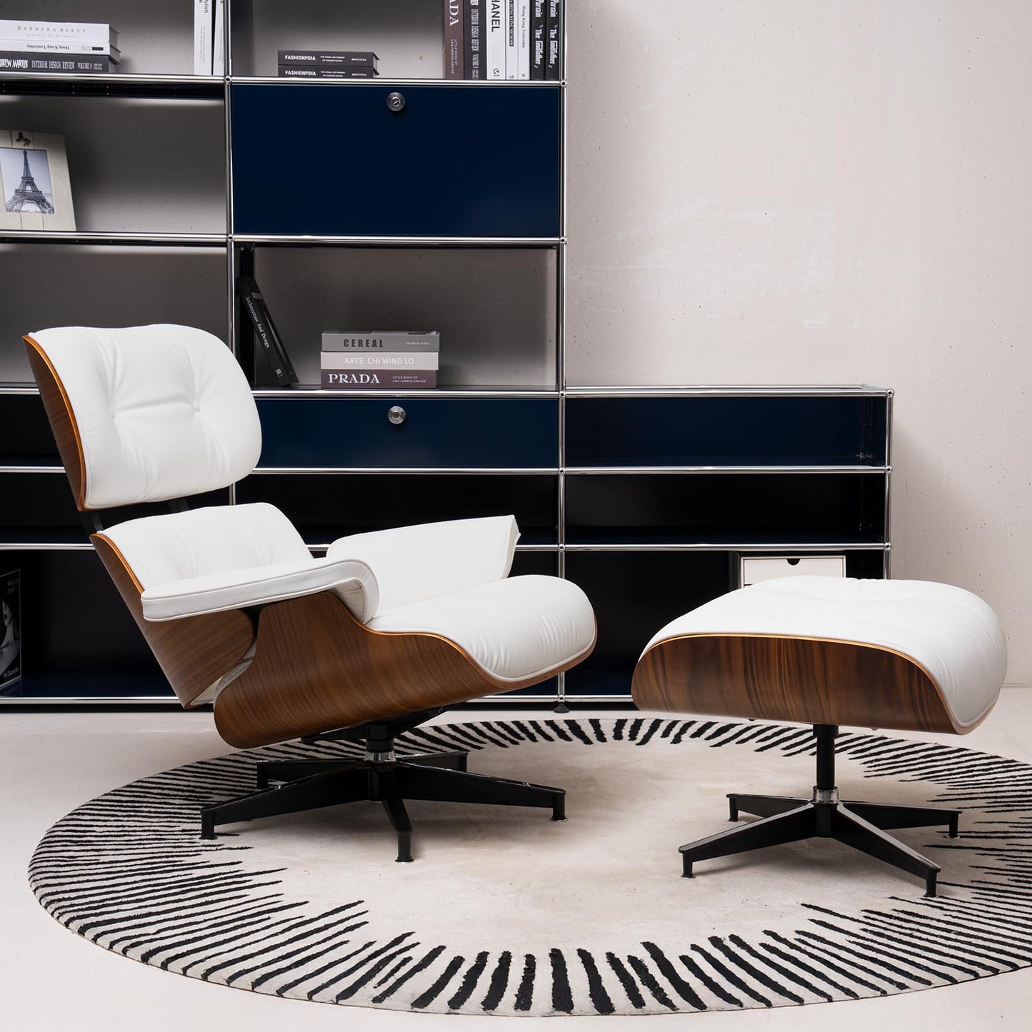 Chaise Lounge Chair with Ottoman Genuine Leather High-Resilience Foam Cushions Mid Century Modern Ergonomic Design for Living Room Study Lounge Office Walnut White