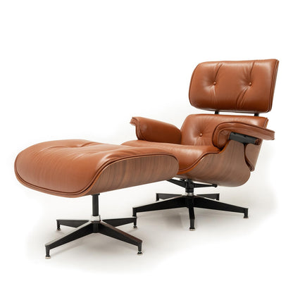 Mid Century Chaise Lounge Chair with Ottoman, Top Black Grain Leather, Modern Office Chair Classic Design, Heavy Duty Base Support for Living Room Study Lounge Office