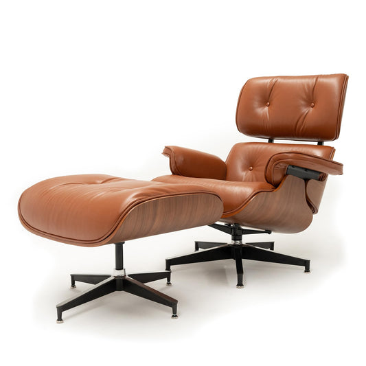 Mid Century Chaise Lounge Chair with Ottoman, Top Black Grain Leather, Modern Office Chair Classic Design, Heavy Duty Base Support for Living Room Study Lounge Office