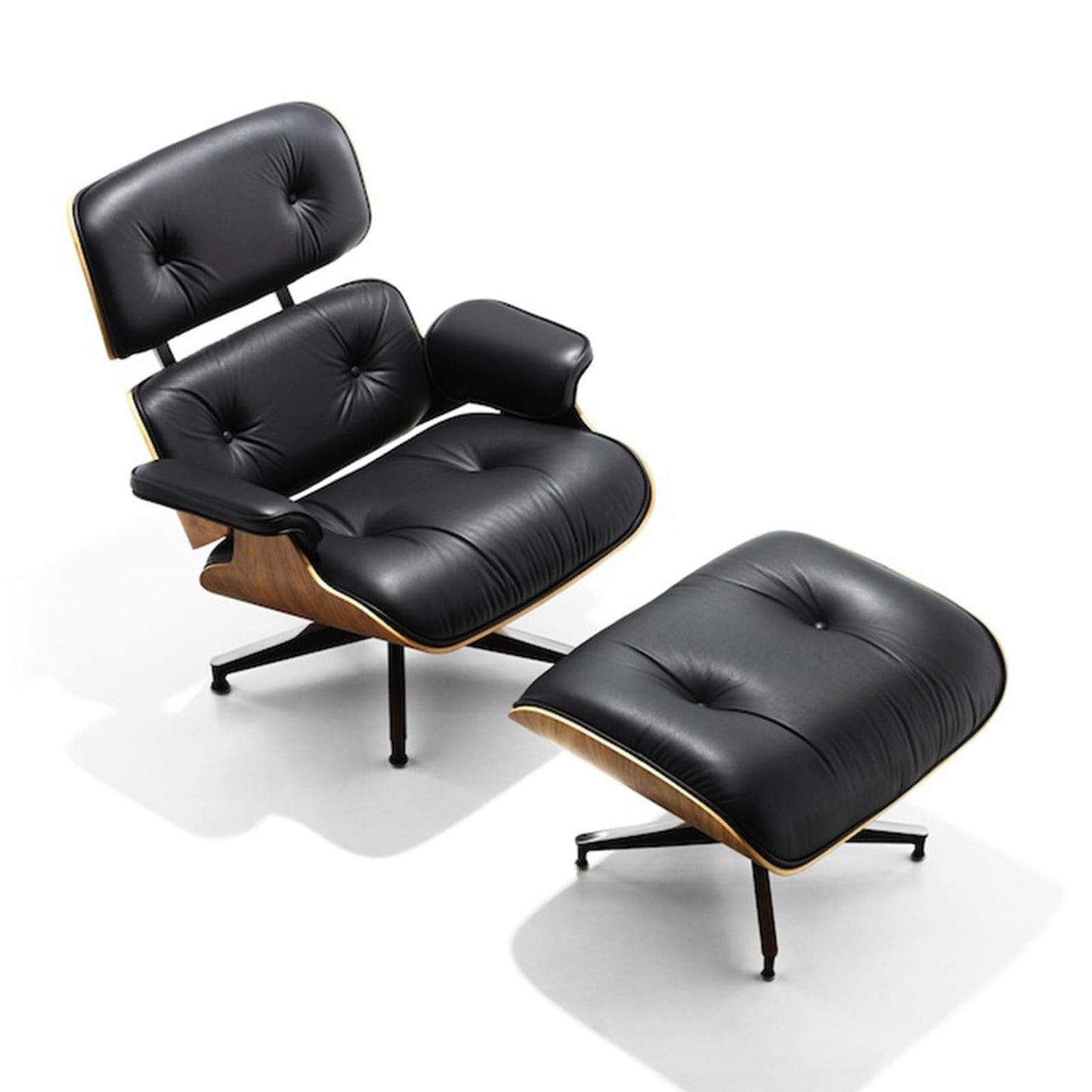 Chaise Lounge Chair with Ottoman Genuine Leather High-Resilience Foam Cushions Mid Century Modern Ergonomic Design for Living Room Study Lounge Office Dark Walnut Black