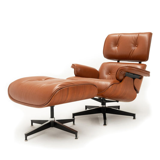 Mid Century Chaise Lounge Chair with Ottoman, Top Black Grain Leather, Modern Office Chair Classic Design, Heavy Duty Base Support for Living Room Study Lounge Office