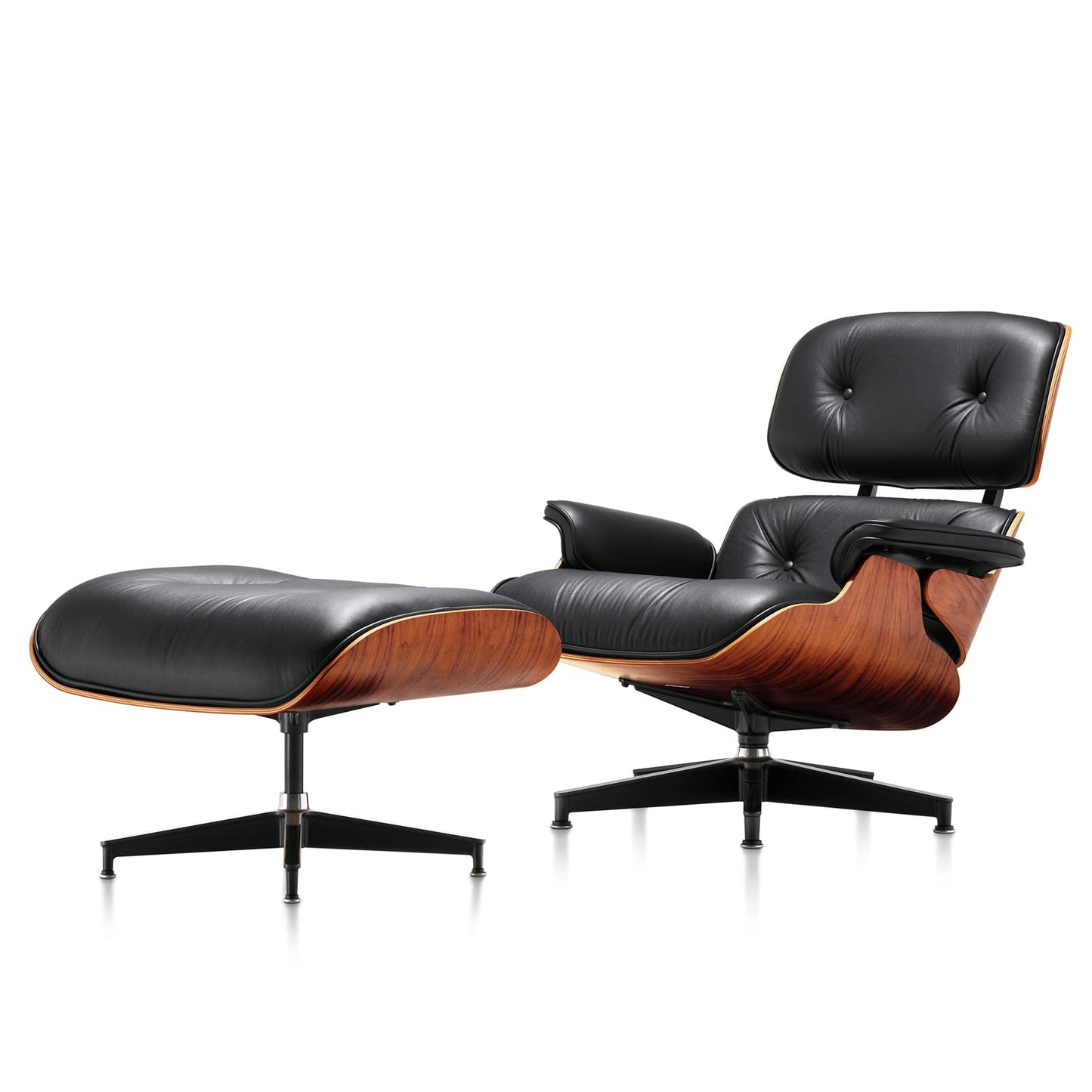 Mid Century Chaise Lounge Chair with Ottoman, Top Black Grain Leather, Modern Office Chair Classic Design, Heavy Duty Base Support for Living Room Study Lounge Office