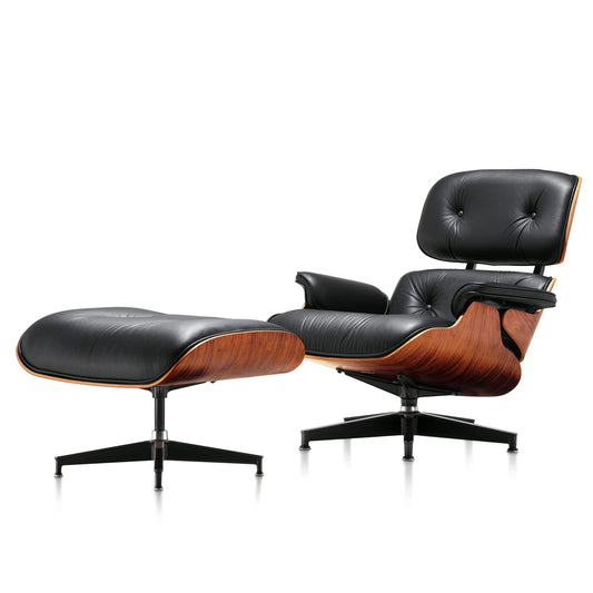 Mid Century Chaise Lounge Chair with Ottoman, Top Black Grain Leather, Modern Office Chair Classic Design, Heavy Duty Base Support for Living Room Study Lounge Office