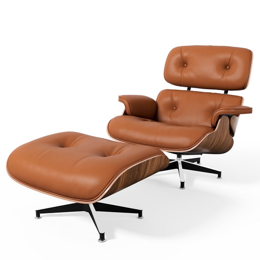 Chaise Lounge Chair with Ottoman Genuine Leather High-Resilience Foam Cushions Mid Century Modern Ergonomic Design for Living Room Study Lounge Office Walnut Brown