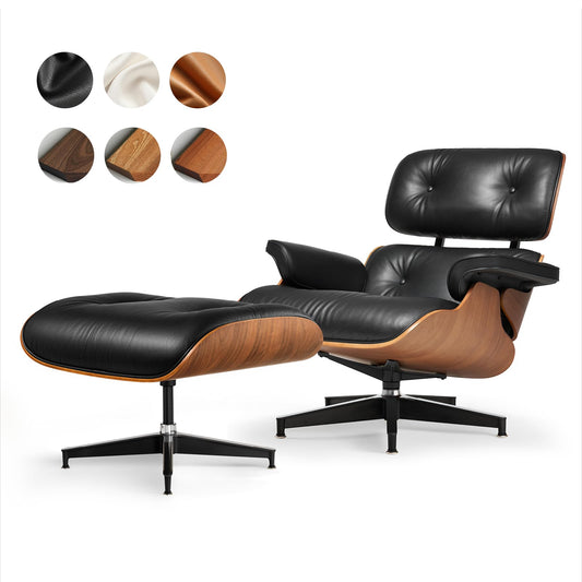 Top Black Grain Leather, Mid Century Chaise Lounge Chair and Ottoman, Modern Chair Classic Design, Heavy Duty Base Support for Living Room Study Lounge Office, Walnut, Heightening