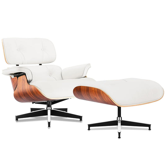Top Grain Leather, Mid Century Chaise Lounge Chair and Ottoman, Modern Chair Classic Design, Heavy Duty Base Support for Living Room Study Lounge Office, Palisander-White