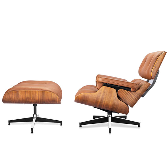 Top Grain Leather, Mid Century Chaise Lounge Chair and Ottoman, Modern Chair Classic Design, Heavy Duty Base Support for Living Room Study Lounge Office, Walnut-Brown, Heightening