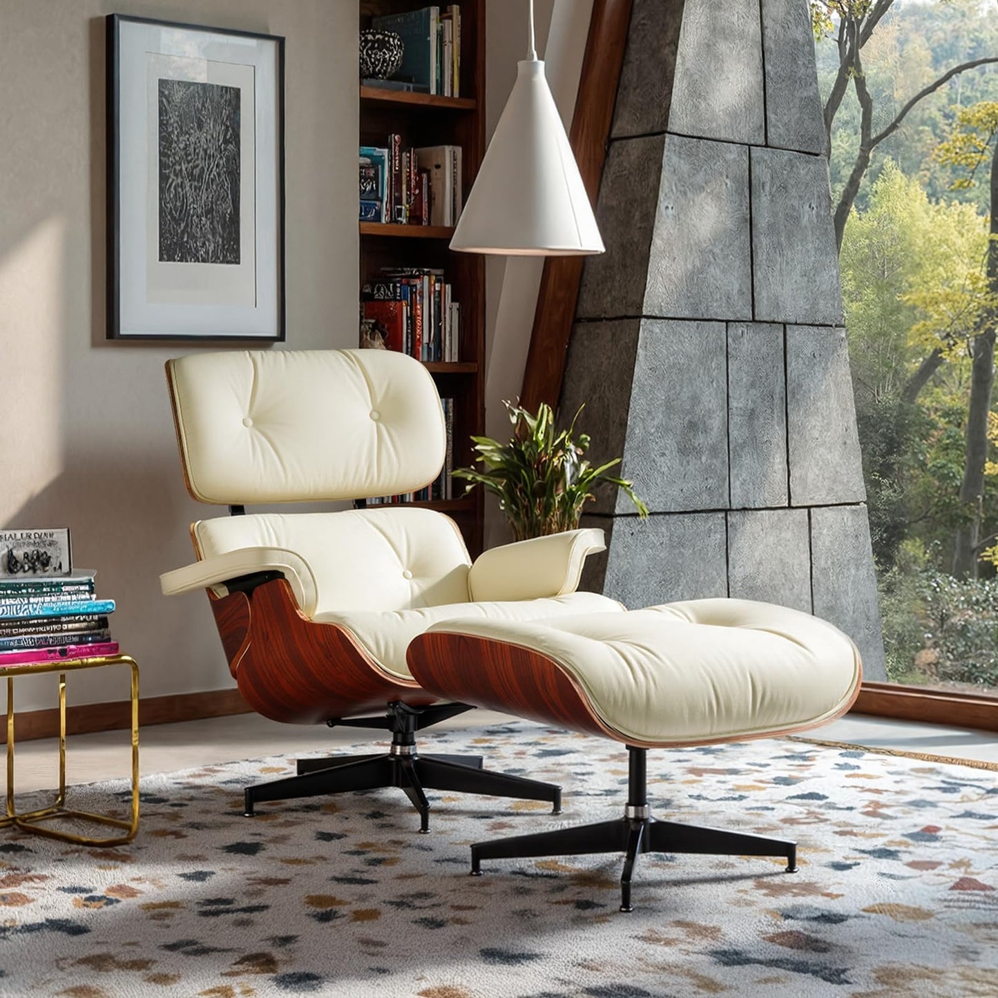 Chaise Lounge Chair with Ottoman Genuine Leather High-Resilience Foam Cushions Mid Century Modern Ergonomic Design for Living Room Study Lounge Office Palisander Ivory