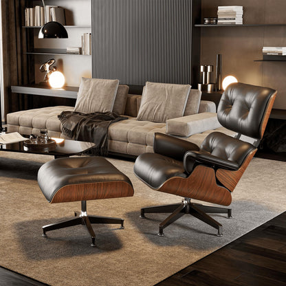 Top Black Grain Leather, Mid Century Chaise Lounge Chair and Ottoman, Modern Chair Classic Design, Heavy Duty Base Support for Living Room Study Lounge Office, Palisander Heightening