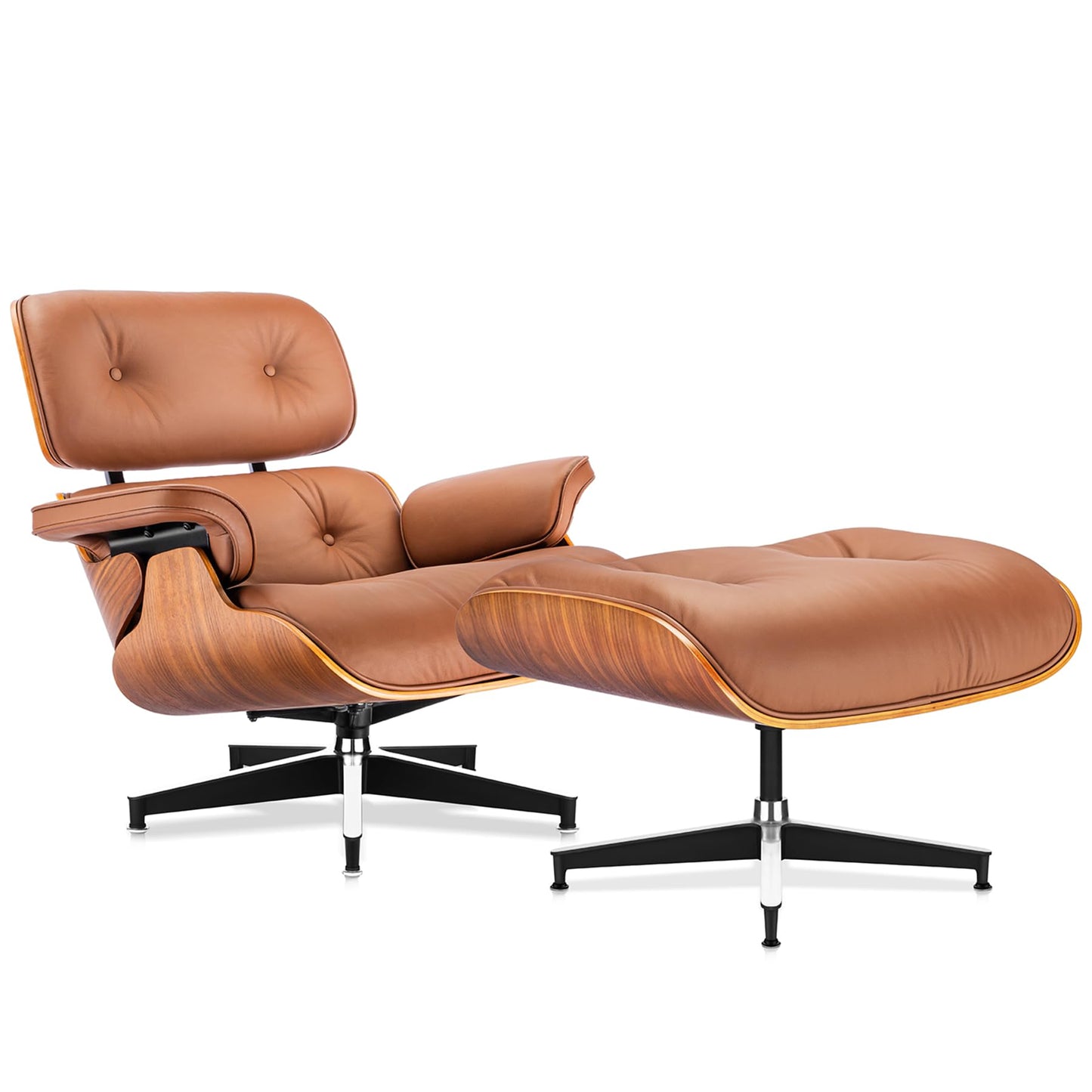 Top Grain Leather, Mid Century Chaise Lounge Chair and Ottoman, Modern Chair Classic Design, Heavy Duty Base Support for Living Room Study Lounge Office, Walnut-Brown, Heightening