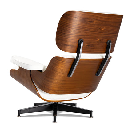 Chaise Lounge Chair with Ottoman Genuine Leather High-Resilience Foam Cushions Mid Century Modern Ergonomic Design for Living Room Study Lounge Office Walnut White