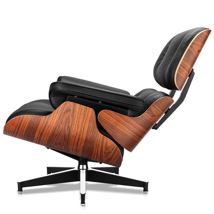 Chaise Lounge Chair with Ottoman Genuine Leather High-Resilience Foam Cushions Mid Century Modern Ergonomic Design for Living Room Study Lounge Office Palisander Black