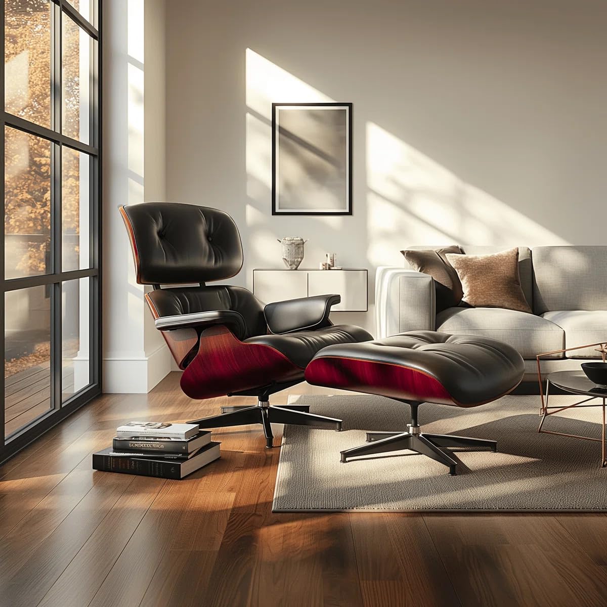 Top Black Grain Leather, Mid Century Chaise Lounge Chair and Ottoman, Modern Chair Classic Design, Heavy Duty Base Support for Living Room Study Lounge Office, Darkrosewood