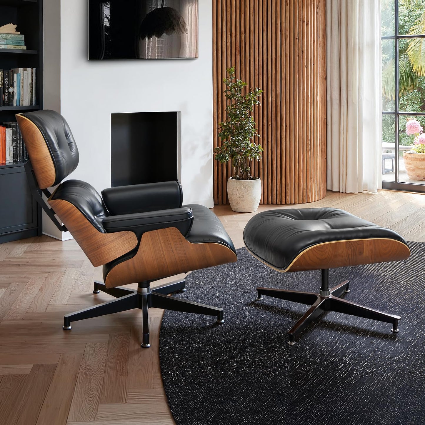 Chaise Lounge Chair with Ottoman Premium Aniline Leather Top Grain Leather High-Resilience Foam Cushions Mid Century Modern Ergonomic Design for Living Room Study Lounge Office Walnut Black